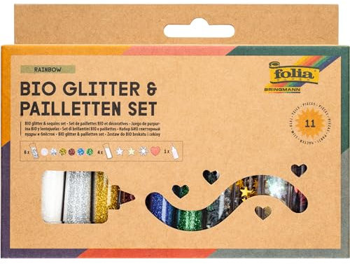folia 5791 - Bio Glitter & Pailletten Set RAINBOW, 10 Tuben inkl. 90 g Deko-Kleber, organischer Glitzer und Pailletten in verschiedenen Formen und Farben, zum Verzieren und Dekorieren