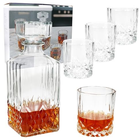 MamboCat Whilly - Set di 5 caraffa da whisky + 4 bicchieri, elegante decanter per whisky, 720 ml, con coperchio + tumbler da 300 ml, con finitura in vetro, per Bourbon, Brandy & Co