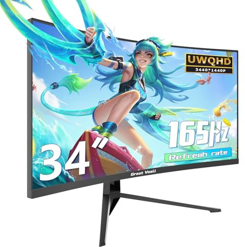 Great voell 34 Zoll Gaming Monitor Curved, 165Hz, UWQHD 3440x1440, Ultrawide Monitor, 1500R, 1Ms, 99% sRGB, HDMI 2.0, DP 1.4, FreeSync, HDR, Anti-Blaulicht Augenschutz, VESA, Kann gekippt Warden