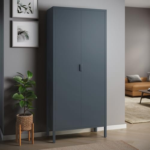 skølm Ituri Metallschrank Anthrazit – Kleiderschrank mit 6 Fächern & 2 Kleiderstangen – Garderobenschrank Flur 80 cm breit – Schlafzimmerschrank Industrial Style – Stahlschrank für Wohnzimmer & Büro