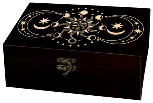 arricraft Caja de almacenamiento conmemorativa de madera, caja de tarot rectangular de pino tallada con fase de sol y luna para almacenamiento de tablero de joyería de aniversario