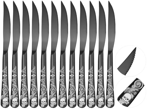 SANLUNS Skull Ultra Sharp 2-IN-1 Serrated Knives, Chef Knife Set Serrated Knives of 12 - Professional Design Collection - 18/0 Stainless Sharp Dinner Knives Unique Skull Pattern Design