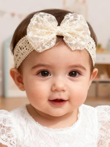 ICKEYOU Baby Mädchen Schleife Spitzenstirnband Süßes Weiches Haarband Weiße Schmetterlingsknoten-Stirnbänder für Neugeborene Kleinkinder Kinder Taufe Geburtstag Party Haarschmuck（Beige B）