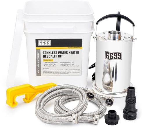 6699 Tankless Water Heater Flushing Kit Includes 1/3HP Stainless Steel Sump Pump with Two Adapters & 3 Gallons Pail with Bucket Lid Opener & Two 1/2” Dia X 6’ Hoses with Washers
