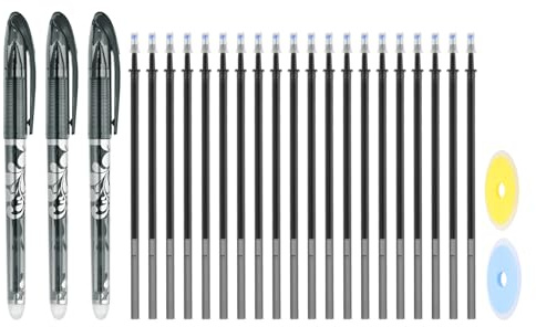 PATIKIL 3-pack raderbara gelpennor med 20 påfyllningar och 2 radergummi, 0,5 mm värmeraderbara pennor för tyg svart bläcktyg markörer för sömnad quiltning planerare skrift