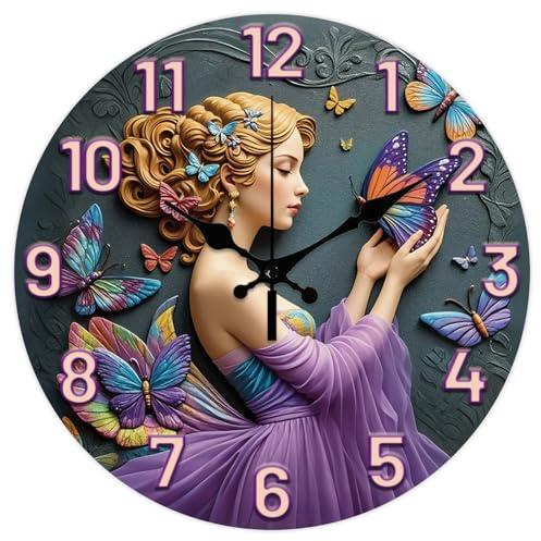CHGCRAFT 3D Relief Butterfly Girl Pattern Wall Clock 12 Inch Non-Ticking Clocks Round Wall Hanging Clock Battery Operated for Bedroom Living Room Kitchen Office