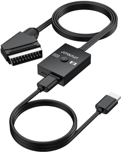 AUTOUTLET Adaptador Scart a HDMI, 16:9/4:3, Convertidor Euroconector a HDMI Conversión 1080P Compuesto CVBS AV A HDMI Video Audio Converter con Cable HDMI PAL/NTSC, para Reproductor de VCR, VHS y DVD