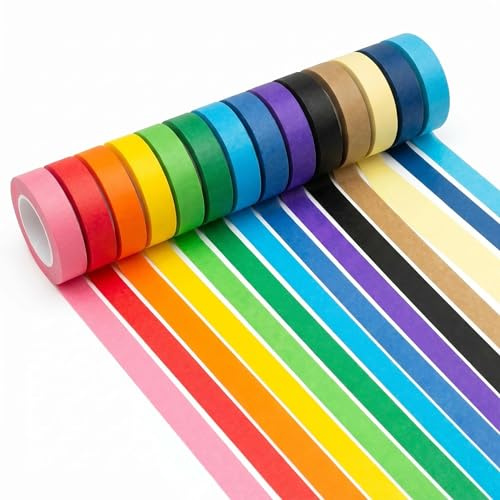 Liufuan 15 Rolls Coloured Masking Tape 1.5cm x 10m, Low Tack Thin Washi Tape Set for Crafts, No Residue Easy Tear Colourful Tape for Painting, DIY Art & Scrapbooking