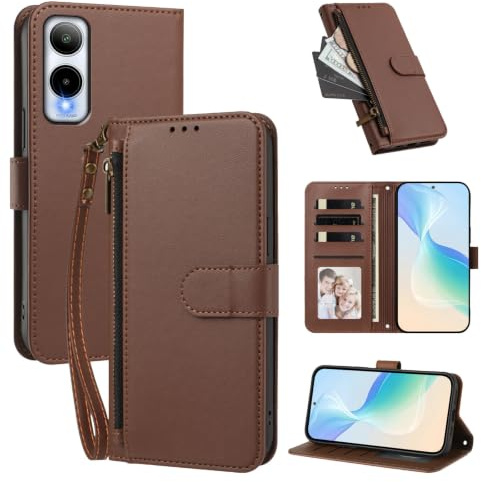 Telefonfodral Kompatibel med Cricket Icon 6 (SL219C),Kompatibel med AT&T Verge (SL219A)【Plånbok med dragkedja och handledsrem Kortfack Uppfällbart stativ】Brown
