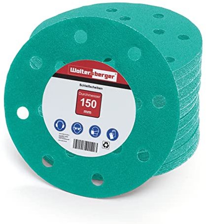Woltersberger® 50 stycken excentriska slipskivor Ø 150 mm, Kornstorlek P180, 15 hål i grönt, för optimal slipning, mångsidig, Kardborrslippapper häftning