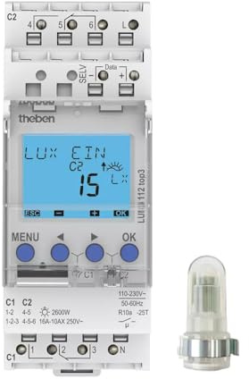 Theben 1120130 LUNA 112 top3 AL - Interruptor crepuscular de 2 canales con sensor de luz externo de construcción, contador de horas de funcionamiento, rango de brillo ampliado