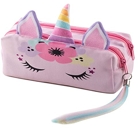 Ferocity Sac Licorne avec Oreilles et Corne Trousse Scolaire 2 Compartiments Queue Arc-en-Ciel Sac à Crayon Trousse de Toilette Organisateur Garçons Fille, Unicorn [008]