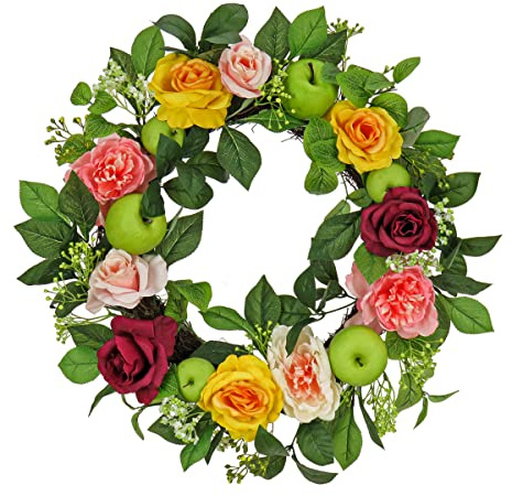 National Tree Company Artificial Spring Wreath, Woven Branch Base, Decorated with Rose and Peony Blooms, Apples, Leafy Greens, Spring Collection, 22 Inches