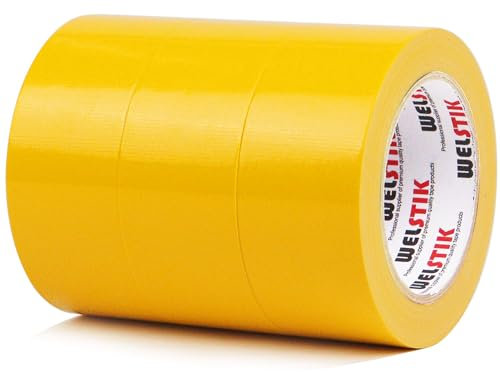 WELSTIK Cinta adhesiva profesional, 3 unidades, 48 mm x 27 m, cinta impermeable de tela de color para reparaciones, bricolaje, manualidades, uso en interiores y exteriores, amarillo