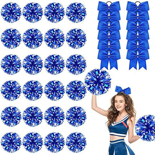 Yinder 24 Pcs Cheerleading Pom Poms with Finger Holes and 12 Pcs Cheer Large Hair Bow for Girl Metallic Cheerleader Pom Poms for Softball Dance Cheer (Blue Silver Pom)