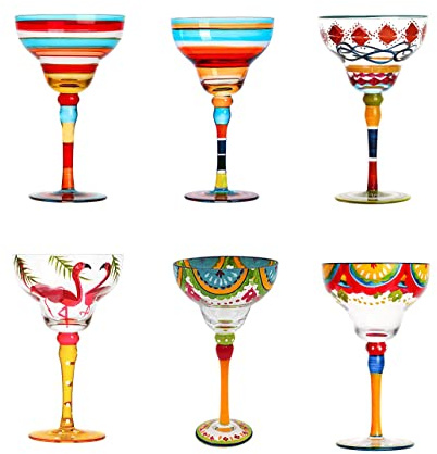 HIUHIU Bicchiere Da Margarita Dipinto, Collezione Messicana Bicchieri Da Margarita Senza Stelo Set Di Bicchieri Da Margarita Unici/Decorativi Soffiati A Mano,6pcs