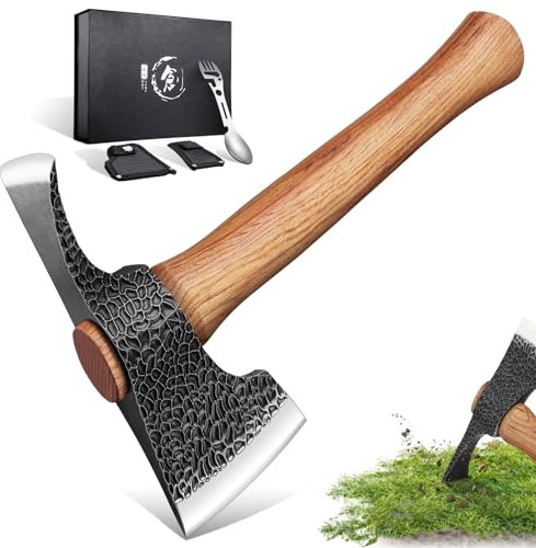 Purple Dragon 2 in1 Beil Axt und Gartenhacke,Axt Holz Spalten Handgeschmiedet Spaltaxt mit Holzgriff,Outdoor Axt Set mit Scheide und Camping Gabel für Garten Wald Survival,Geschenke für Männer