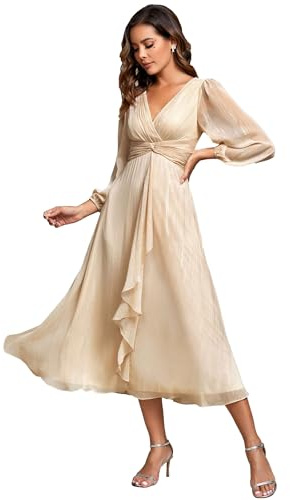 Ever-Pretty Vestido de Noche Largo para Mujer Cuello en V Mangas de Linterna Cintura Imperio Volantes Vestido de Invitados de Boda Champán 46