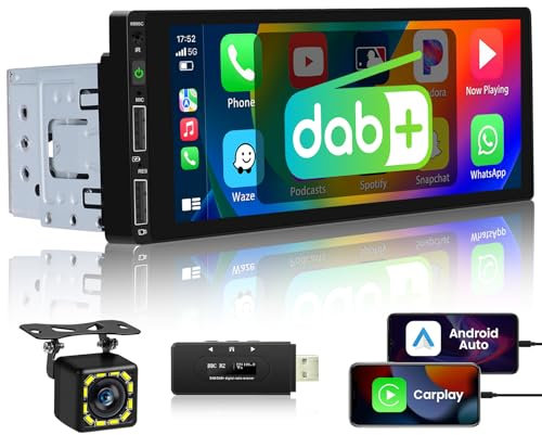 Hikity DAB+ Autoradio 1 Din CarPlay Android Auto 6,9 Pollici Touchscreen Stereo Radio con Bluetooth Mirror Link FM/EQ/2 porte USB SWC+Retrocamera