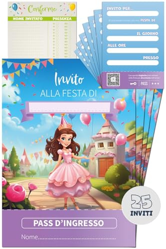 RAFTOM 25 Inviti Compleanno Bambina a Tema Principessa Made in Italy - Biglietti Invito Feste Compleanno Bambini in Cartoncino Resistente