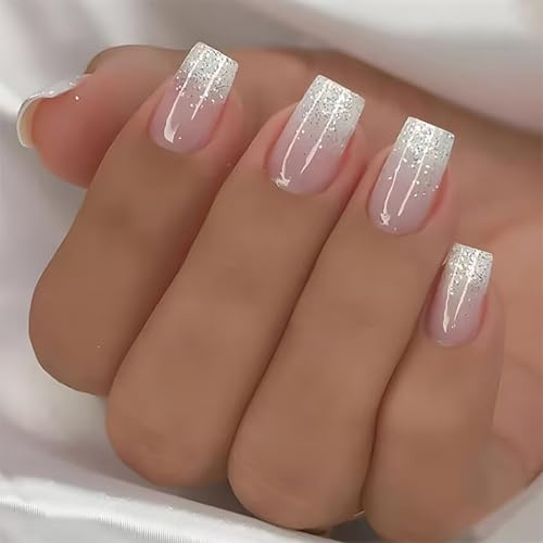 Glitter Stick on Nails - Ombre False Nails with Glue - 24PCS Nude White Press on nails - Medium Square Fake Nails - 12 Sizes Full Cover Acrylic nail Tips - Glue on Nails for Women DIY French Manicure