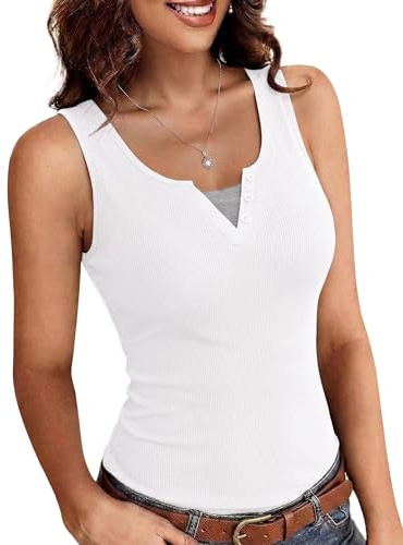Totatuit Camiseta Mujer Verano Sin Mangas Cuello en V Ajustada Canalé Top | Cuello V, Estilo Diario, Uso Casual, Combinación Versátil