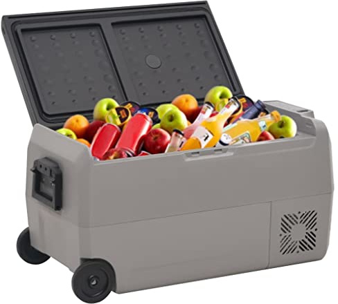 Tomostar Glacière Électrique, Glacière à Compression Mini Réfrigérateur de Voiture Camping avec roue et adaptateur noir et gris 60 L PP et PE