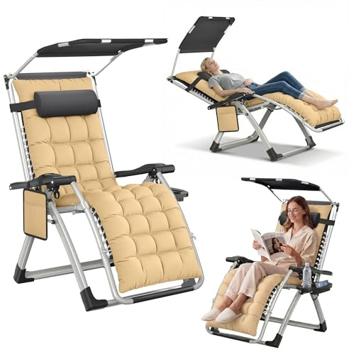 UISEBRT Chaise longue pliable avec toit pare-soleil, chaise longue de relaxation réglable de 90 à 170 ° avec coussin de nuque, porte-gobelet et poche latérale - Charge maximale : 160 kg - Pour jardin