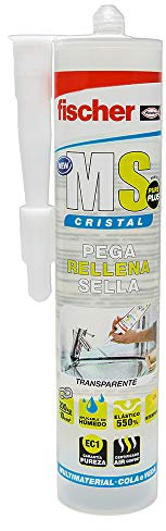 fischer Sellador juntas bañeras, Baños y cocinas MS Sellante ADH polímero para pegar y sellar diferentes materiales, Resistencia de decoloración, Sin silicona, Cristal, 290 ml