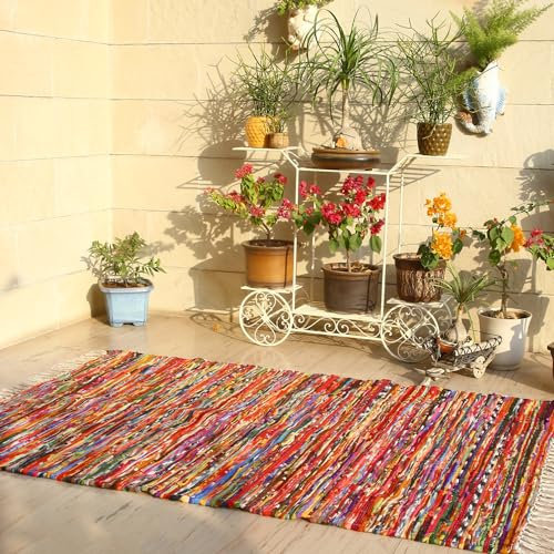 RAJRANG Boho Chindi Rug 91x152 cm – Multicoloured Flat Woven Reversible Rag Rug, Eco-Friendly Handwoven for Living Room or Bedroom