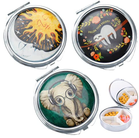 Ohaoduo Lot de 3 boîtes à pilules rondes en métal - Mini boîte à pilules de voyage - Petit distributeur de pilules pour portefeuille - 3 compartiments - Avec miroir - Petite boîte à comprimés pour les