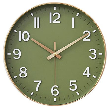 HZDHCLH Wall Clock 12 Inch Silent Non Ticking Clock for Living Room Bedroom Kitchen Office (Golden green)