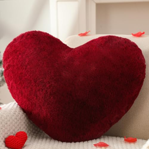 YRXRUS Cuscino a forma di cuore, cuscino a forma di cuore rosso vino, regalo per amore, 35 x 43 cm, grandi cuscini a forma di cuore, in finta pelliccia di coniglio, decorazione per la stanza