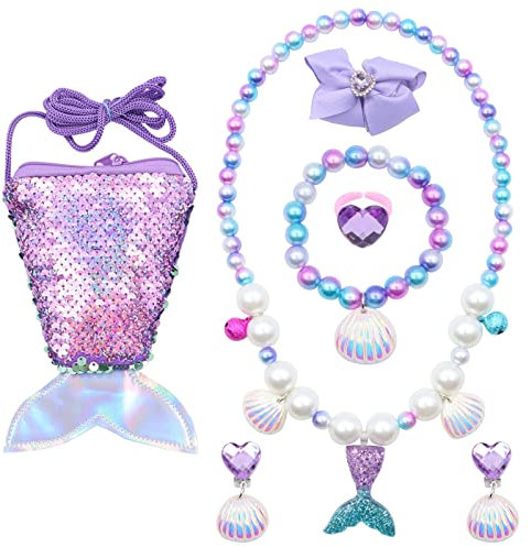 Scettar 7 Pcs Meerjungfrau Schmuckset für Mädchen mit Schmuckkästchen Klein, Meerjungfrauentasche, Halsketten, Ohrringe, Armbänder, Ringe - Geschenke ab 3 Jahren