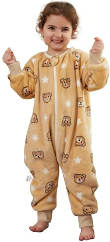 COOKY.D Saco de Dormir Unisex de Franela para Bebés Niños y Niñas con Mangas Largas y Piernas Dibujos Animados Cremallera Triple Manta Usable,Marrón 3-4 Años
