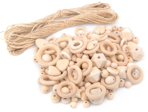 TNSLAND 204 Stück Runde Holzperlen Set, Makramee Holzperlen Rund, Herz und Achteckig DIY Holzringe zum Basteln Loch Abstandshalterperlen Holz Lose Perle für DIY Dekorationen Schmuck