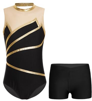 Aiihoo Mädchen Turnanzug Ärmellose Gymnastikanzug Ballettbody mit Kurz Hose Ballett Trikot Tanzkostüm Ballettkleidung Gold 134-140