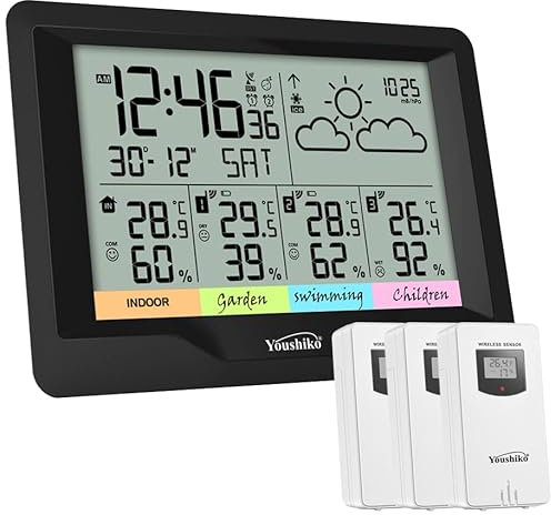 Youshiko (Official 2025 UK Version), 3 x Wireless Sensors Weather Station, Radio Controlled Clock Temperature Thermometer Humidity, Barometric Pressure (Extra Large/Console Size: 20 .5 x 13 cm)