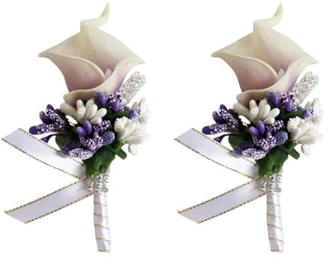 Wisafory 2 stycken bröllop boutonniere kalla lilja blomma med säkerhetsnål konstgjorda blommor brosch handarbete corsage knapphål blomma bröllopstagg för brudgum brud vit lila