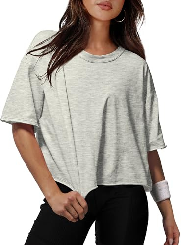 XIEERDUO Womens Summer Drop Shoulder Cropped Tops Round Neck Short Sleeve Round Neck Crop Tops Grey M