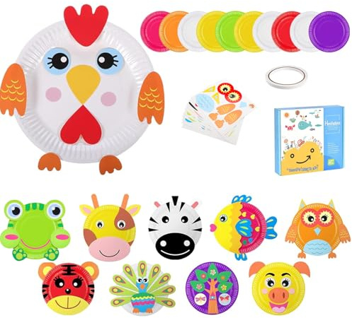 Arts & Crafts Set for Kids - 10 Pack Animal Paper Plates, DIY Craft Kits with Adhesive Tape for Preschool Boys & Girls, Age 4-12
