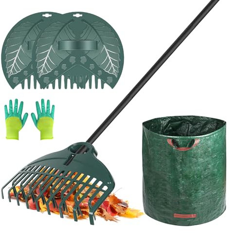 ORIENTOOLS Garden Rake Set, with Lightweight Dual-Tine Rake 160 cm, Leaf Scoop, Gloves, and Garden Waste Bag for Lawn Care and Leaf Cleaning