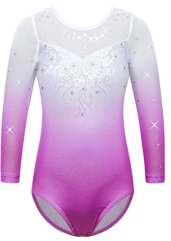 HUAANIUE Justaucorps Fille 3-14 Ans, classiques sans manches & manches 3/4, strass symétriques, dégradés, extensible & respirant, idéal pour gymnastique, danse, ballet (B348-Violet Dégradé, 4-5 Ans)
