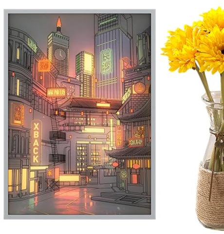 Anime Painting Led Beautiful City Night Scene - Led Wall Art, Stunning Cityscape Night Light | 3-Mode Led Illuminated Anime Artwork, Modern Hd Picture Narrow Frame Decorative Led Light Painting for
