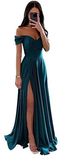 ECDAHICC Vestido de dama de honor sin hombros para mujer, de satén, con abertura larga, elegante, formal, línea A, vestido de boda y fiesta, azul oscuro, XS