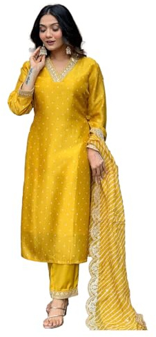 LookMark Ensemble de pantalon Kurta en soie mélangée avec impression numérique en coton Mal et broderie pour toutes les occasions indiennes