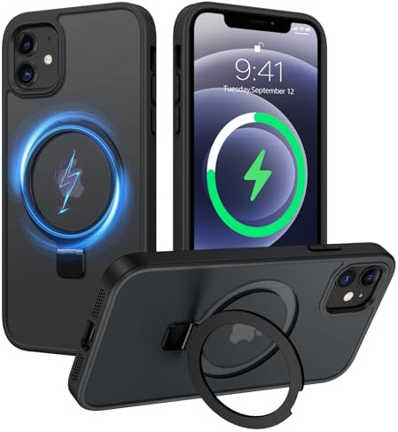 VENINGO für iPhone 12/12 Pro Hülle mit Unsichtbarer Ständer, Kompatibel mit MagSafe, Matt Rückseite, Stoßfest, Kratzfest, Anti-Fingerabdruck, iPhone 12/12 Pro Handyhülle 6,1 Zoll, Schwarz