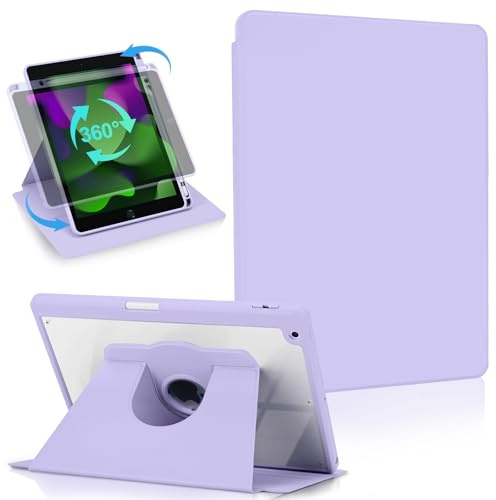 Koze Roterande Fodral för iPad 10.2 tum 9/8/7 Gen. med Pennhållare och Ställ, Chockabsorberande Klart Hybridskydd Lila Purpur