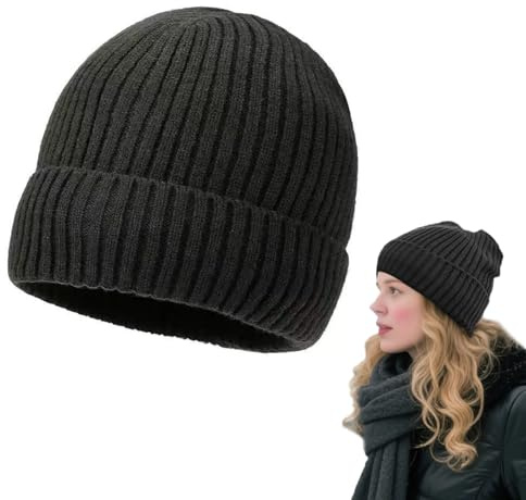 Quorlis Beanie Hat for Men Women - Warm Fleece-Lined Winter Hat, Soft Thermal Knit Cuffed Beanie, Unisex Black Skull Cap for Outdoor Sports, Casual Wear, Snowboarding, Running, Hiking