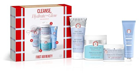 First Aid Beauty Cleanse, Hydrate & Glow - Daily Essentials Kit - 4 Favourites - Pure Skin Face Cleanser 56.7g | Facial Radiance Pads 60ct | Ultra Repair Cream 113.4g | Rescue Barrier Balm 28.3g